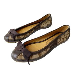 Coach Saundra Brown Leather Canvas Fabric Flats Slip Ons Signature Logo